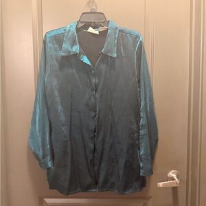 Vintage Silky Teal Long-Sleeve Button-Up Shirt